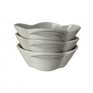 Set of 3 Vintage Homer Laughlin cream ceramic dish with abstract pastel lines.